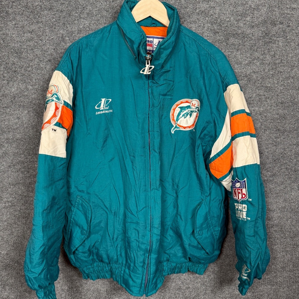 Vintage Pro Line Mens Large Jacket NFL Miami Dolphins Puffer‎ Aqua Green Hooded